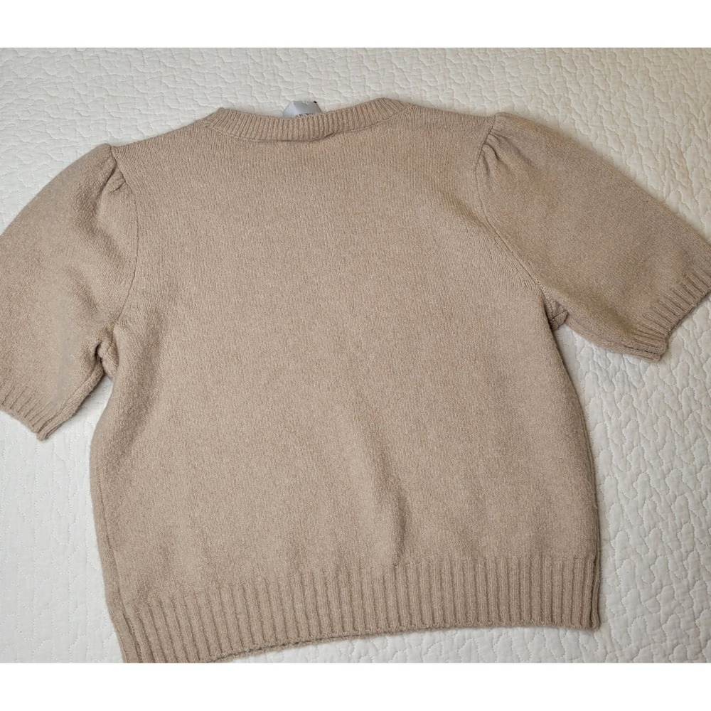 Pink Rose Short Sleeve Sweater Womens Sz M Tan Embroidered Bows Puff Sleeve NEW - Picture 11 of 13